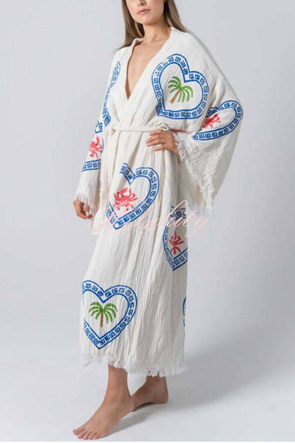 Maia Linen Blend Unique Print Belt Swimwear / Lounge Cover-up Robe-tidenox