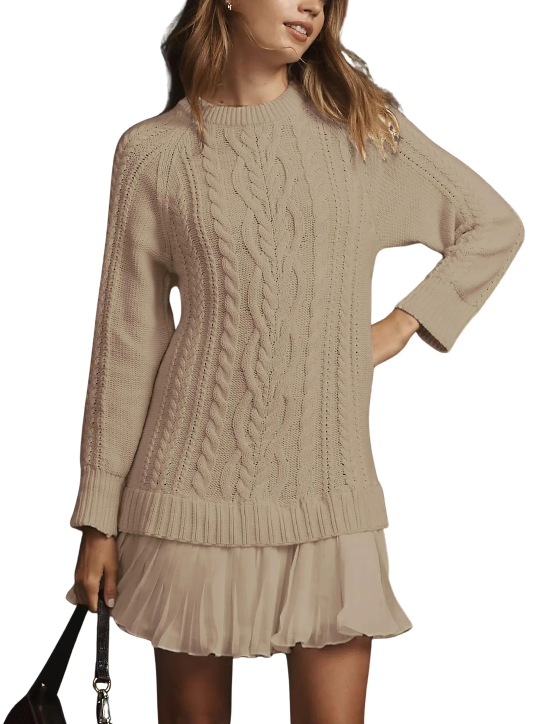 Women Crewneck Cable Knit Sweater Mini Dress (Buy 2 Free Shipping)