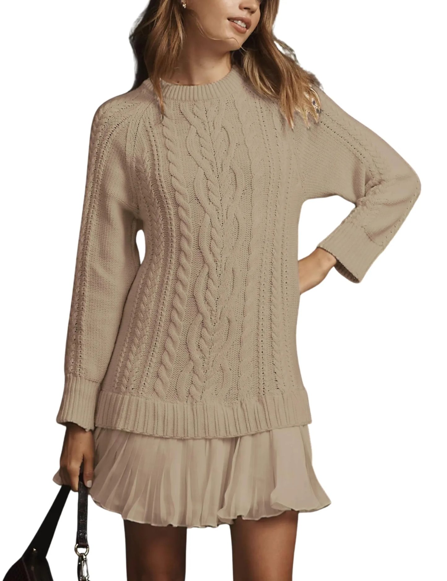 Women Crewneck Cable Knit Sweater Mini Dress (Buy 2 Free Shipping)-tidenox