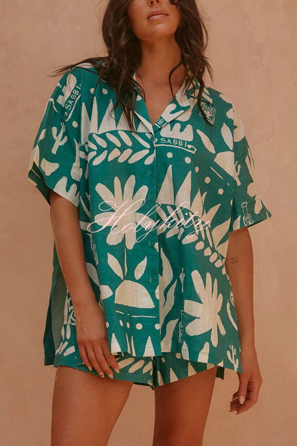 Summer Calls Unique Printed Loose Shirt and Elastic Waist Shorts Set-tidenox