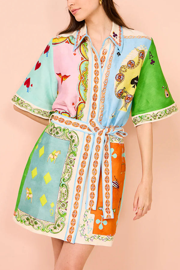 Linen Blend Unique Printed Short Sleeved Pocket Tie Waist Mini Dress(One Size Up)-tidenox