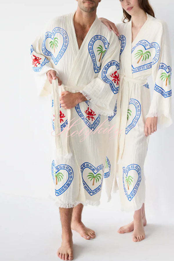 Maia Linen Blend Unique Print Belt Swimwear / Lounge Cover-up Robe-tidenox