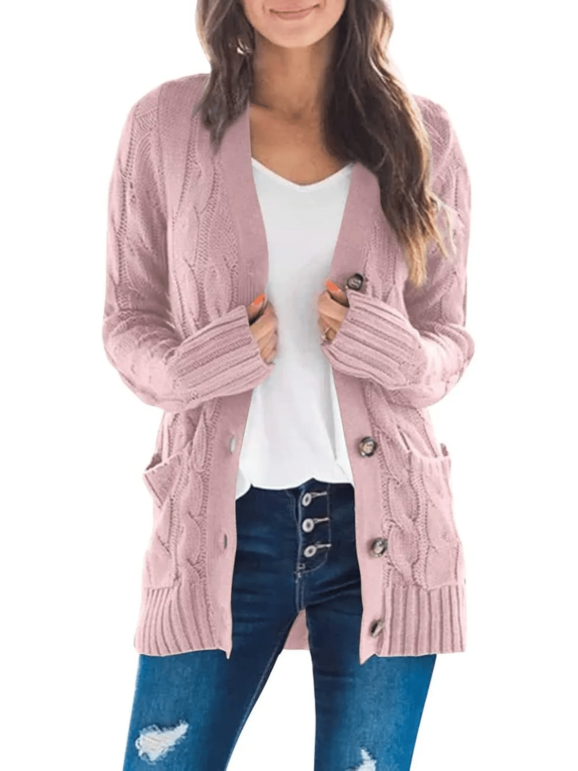 Women's Fall Casual Long Sleeve Button Down Open Front Cable Knit Cardigan-tidenox