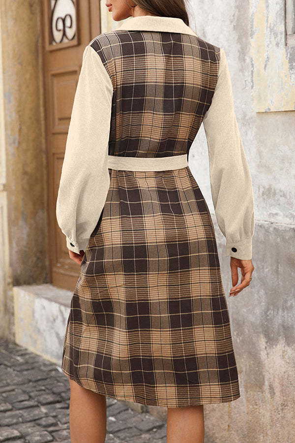 Retro Plaid Patchwork Casual Belt Workplace Style Midi Dress-tidenox