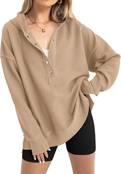 Womens Fashion Long Sleeve Hoodie Oversized Button Up V Neck Sweatshirt Side Slit Casual Pullover