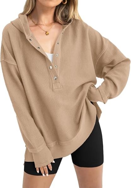 Womens Fashion Long Sleeve Hoodie Oversized Button Up V Neck Sweatshirt Side Slit Casual Pullover