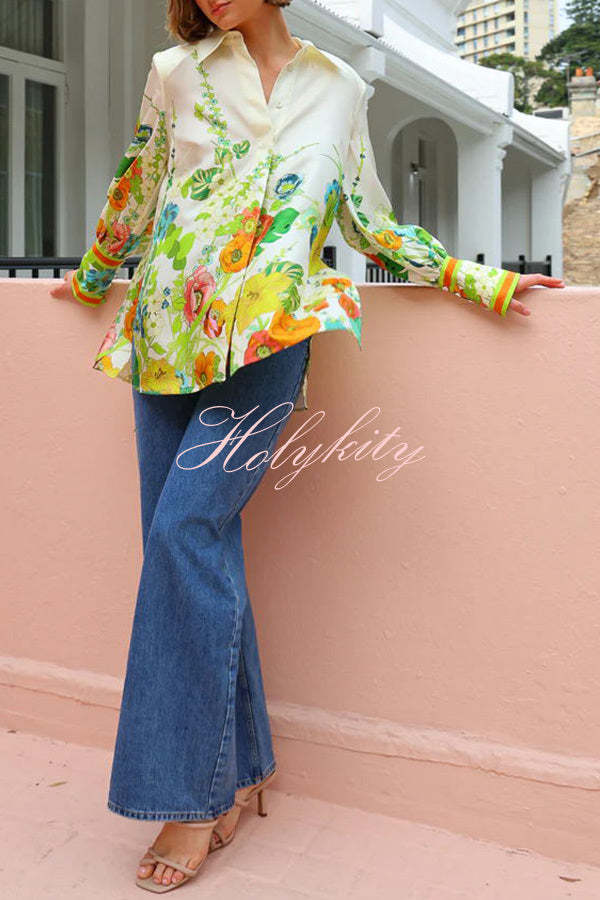 Antibes Satin Floral Print Back Tie-up Button Down Oversized Blouse-tidenox