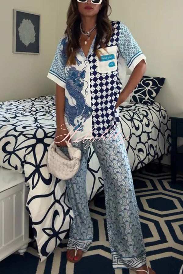 Unique Dragon Print Short Sleeve Loose Shirt and Elastic Waist Pocket Pants Silk Satin Set-tidenox