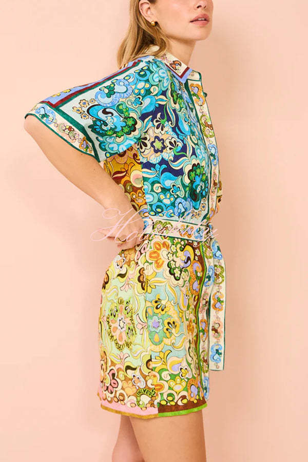 Sasha Linen Blend Unique Printed Shirt Style Tie-waist Mini Dress-tidenox