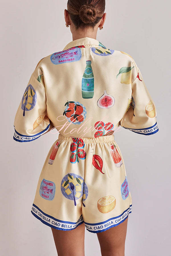 Kai Satin Unique Print Short Sleeve Shirt and Elastic Waist Drawstring Pocket Shorts Set-tidenox