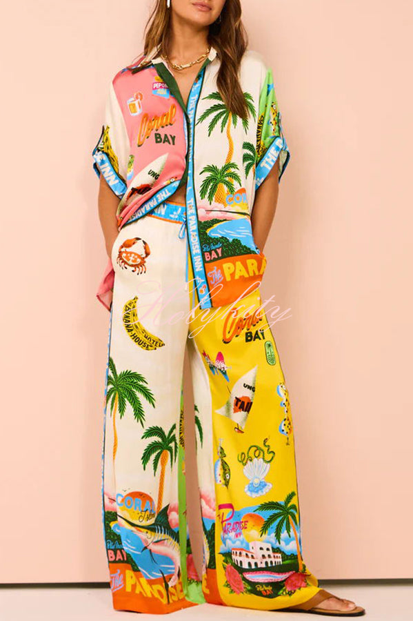 Kissed By The Sun Satin Unique Print Colorblock Elastic Waist Pocketed Wide Leg Pants-tidenox