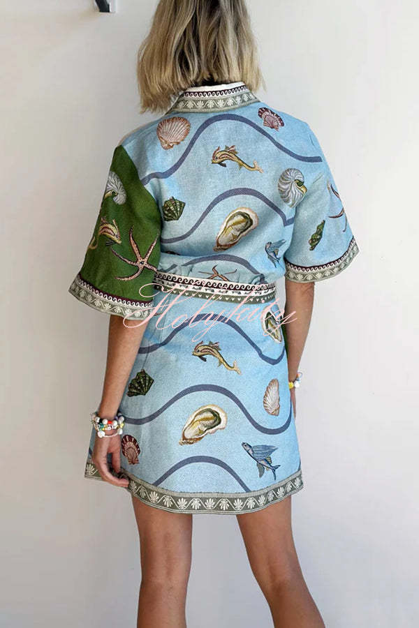 Deep Sea Dreaming Linen Blend Unique Print Tie-up Pocketed Shirt Mini Dress-tidenox