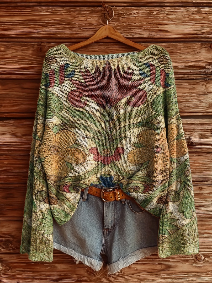 Women's Retro Ethnic Flowers Print Casual Pullover Sweater-tidenox