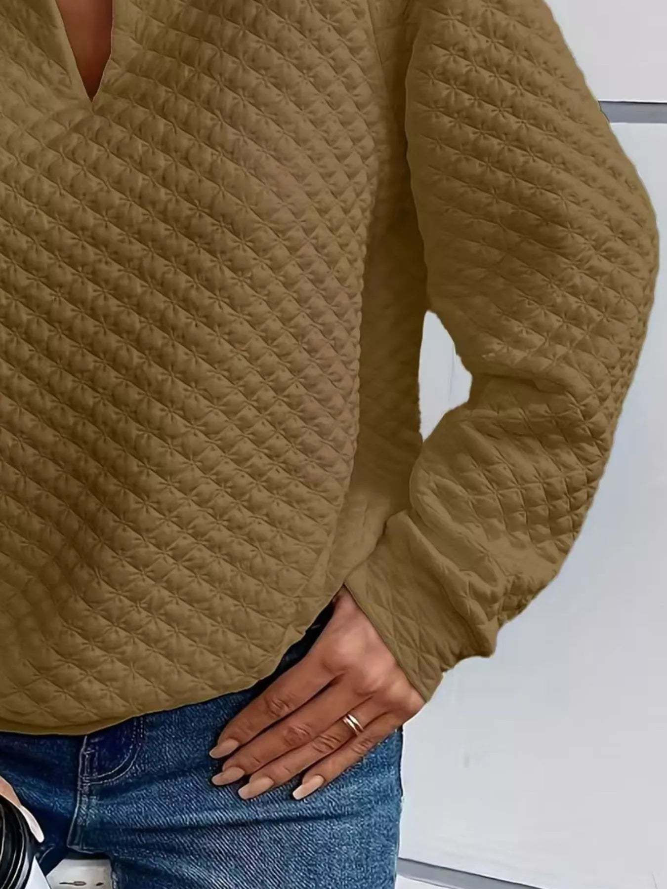 Textured Notched Raglan Sleeve Sweatshirt-tidenox