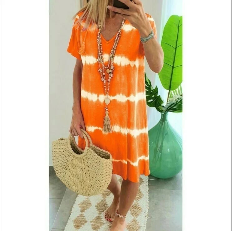 🔥Tie-dye Striped Short-sleeved Loose T-shirt Dress-tidenox