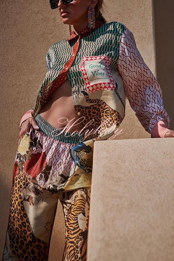 Tropical Jungle Tiger Unique Print Long Sleeve Loose Shirt and Elastic Waist Pants Set-tidenox
