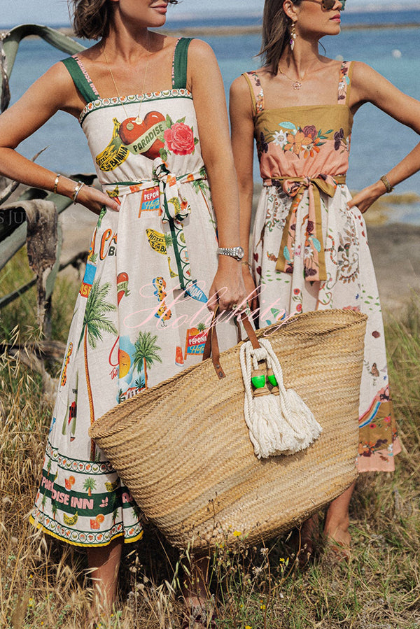 Summer Vibes Linen Blend Unique Print Smocked Belt Midi Dress-tidenox