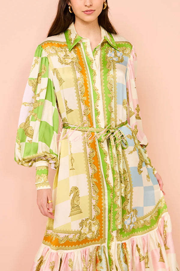 Garden Party Satin Unique Print Balloon Sleeve Belted Shirt Maxi Dress-tidenox