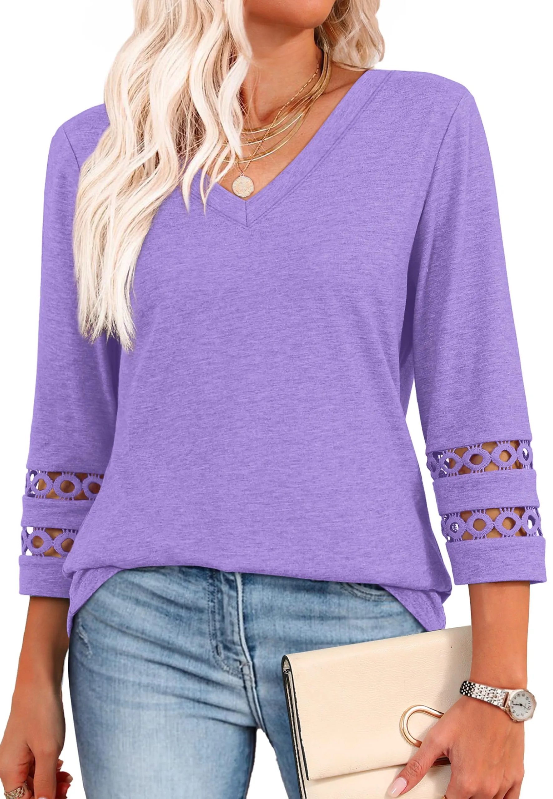 2025 New Womens 3/4 Length Sleeve Tops Trendy V Neck T Shirts-tidenox