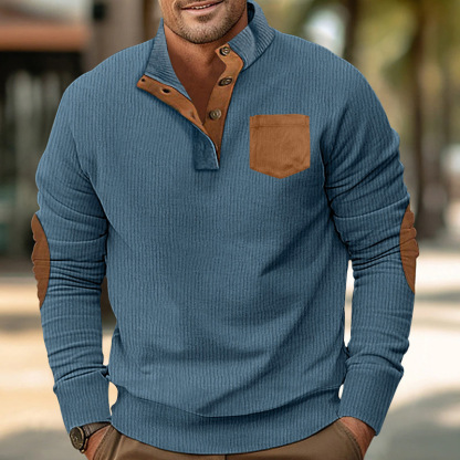 Men's pocket stand collar long sleeve corduroy colorblock sweatshirt-tidenox