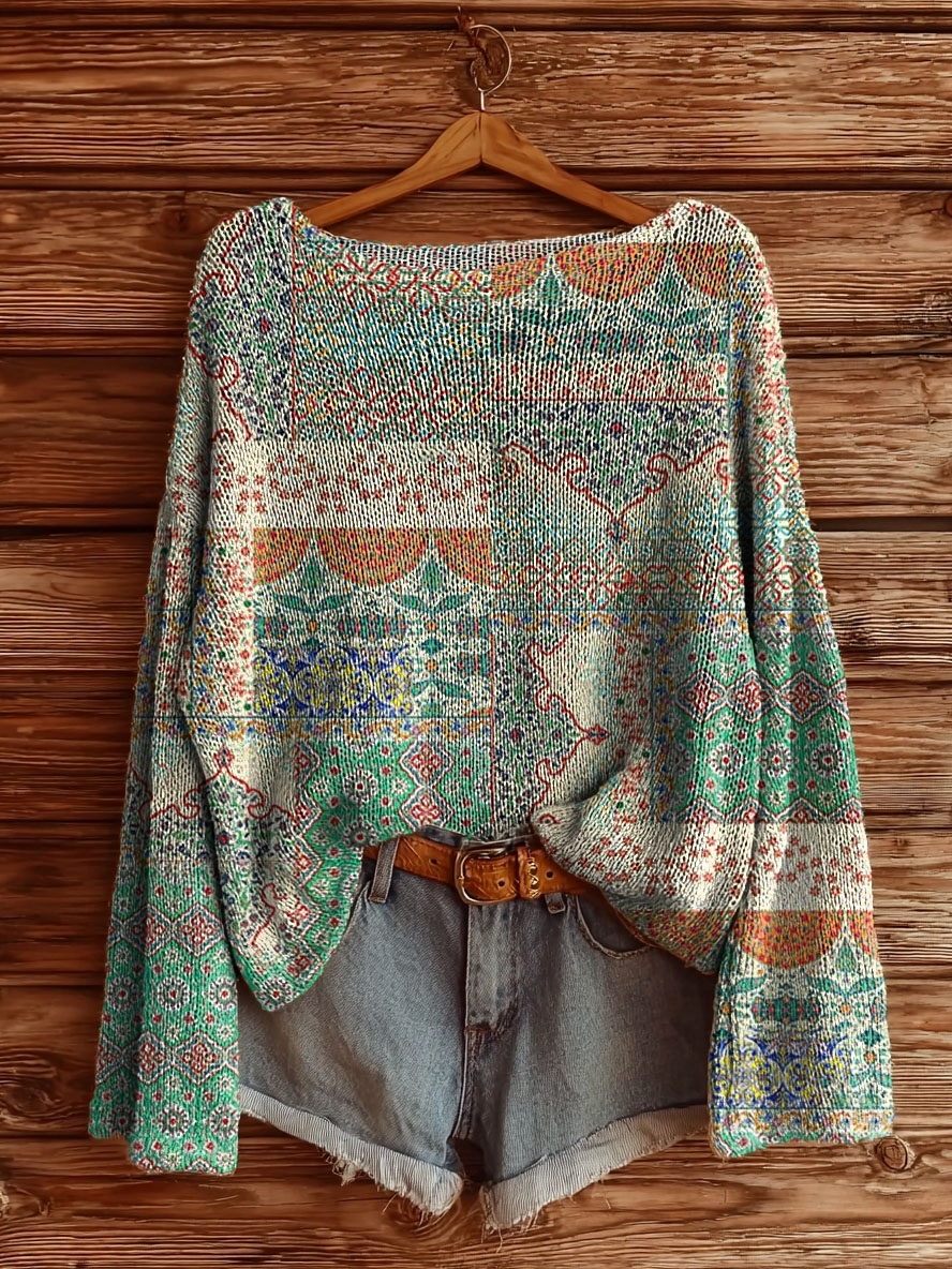Women's Ethnic Floral Embellished Patchwork Pattern Art Print Casual Pullover Sweater-tidenox