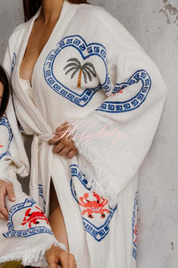 Maia Linen Blend Unique Print Belt Swimwear / Lounge Cover-up Robe-tidenox