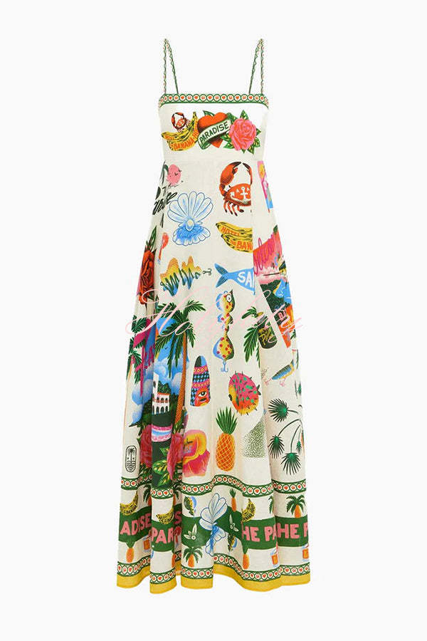 Holiday Paradise Linen Blend Unique Print Smocked Back Pocket Maxi Dress-tidenox
