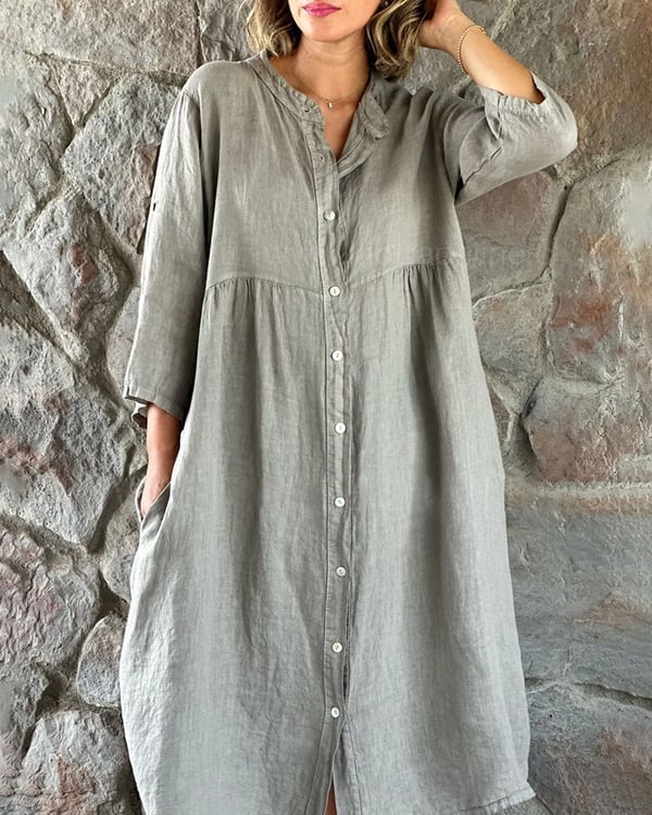 Cotton And Linen Loose Shirt Dress-tidenox