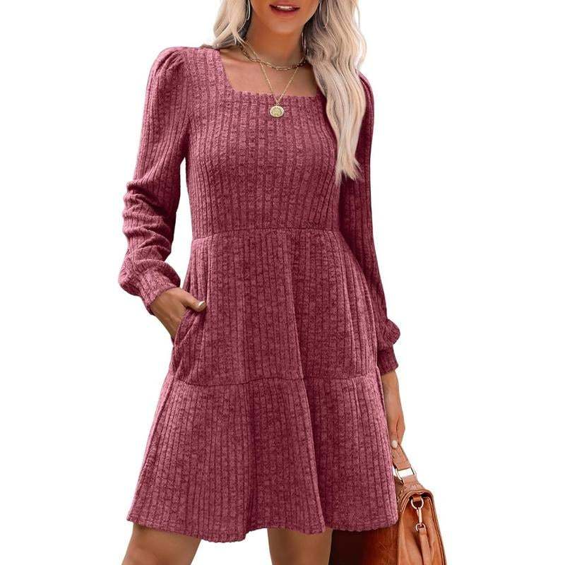🍂Last Day Promotion 49% OFF🔥Womens Square Neck Long Sleeve Fall Dresses Casual Babydoll Sweater Dress-tidenox