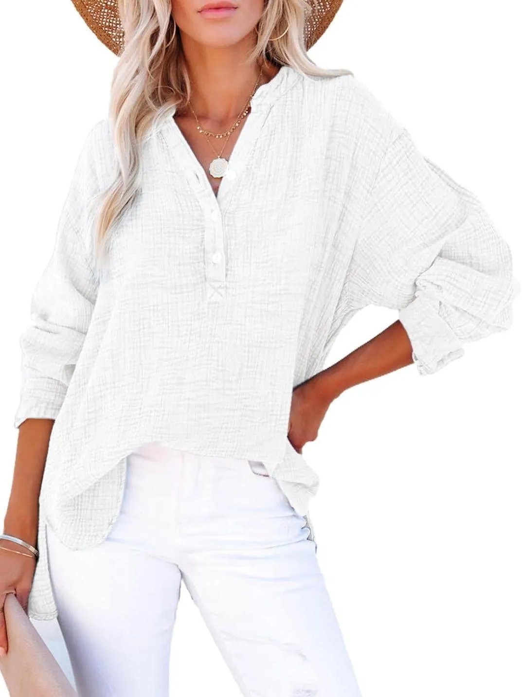 Womens Casual Button V Neck Long Sleeve Shirts Oversized Solid Blouses Tops-tidenox