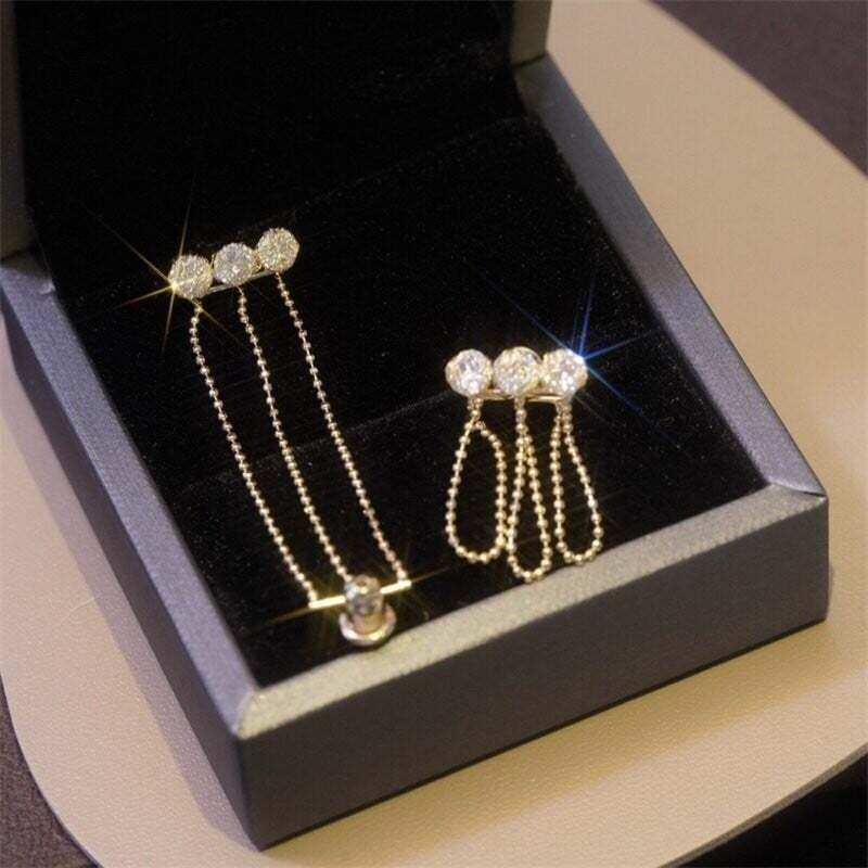 Metal mesh zircon chain tassel earrings-tidenox