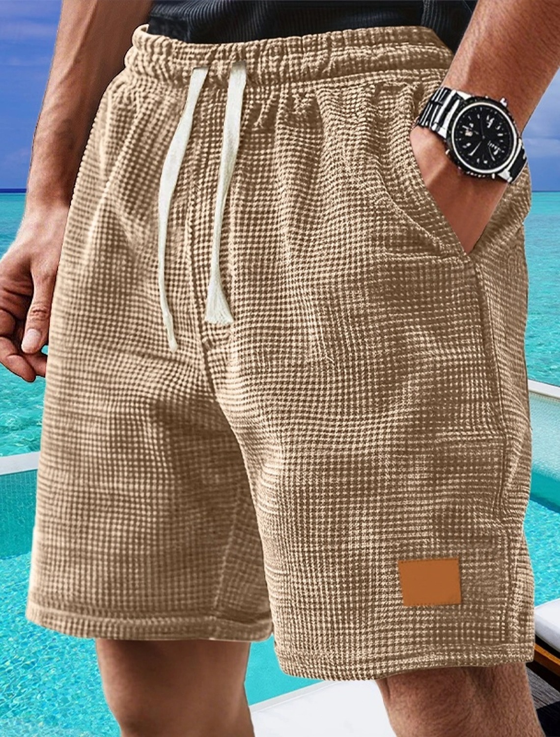 Men's Waffle Shorts Casual Shorts with Pockets, Elastic Waistband, Flat Front