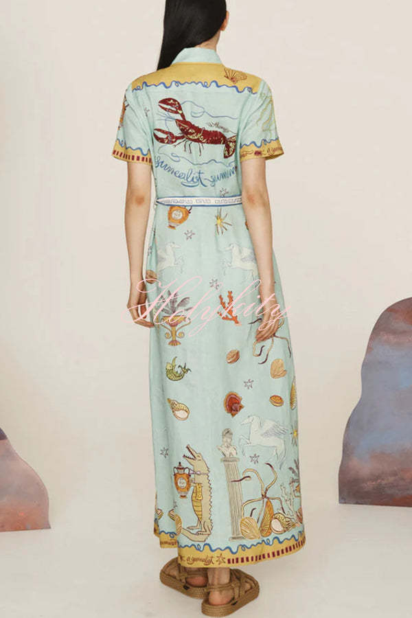 Deep Sea Dreaming Linen Blend Unique Print Short Sleeve Tie-up Shirt Maxi Dress-tidenox