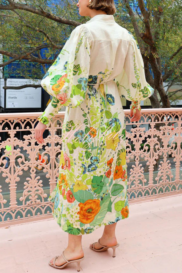 Summer Party Floral Print Balloon Sleeve Pocketed Belt Shirt Midi Dress-tidenox