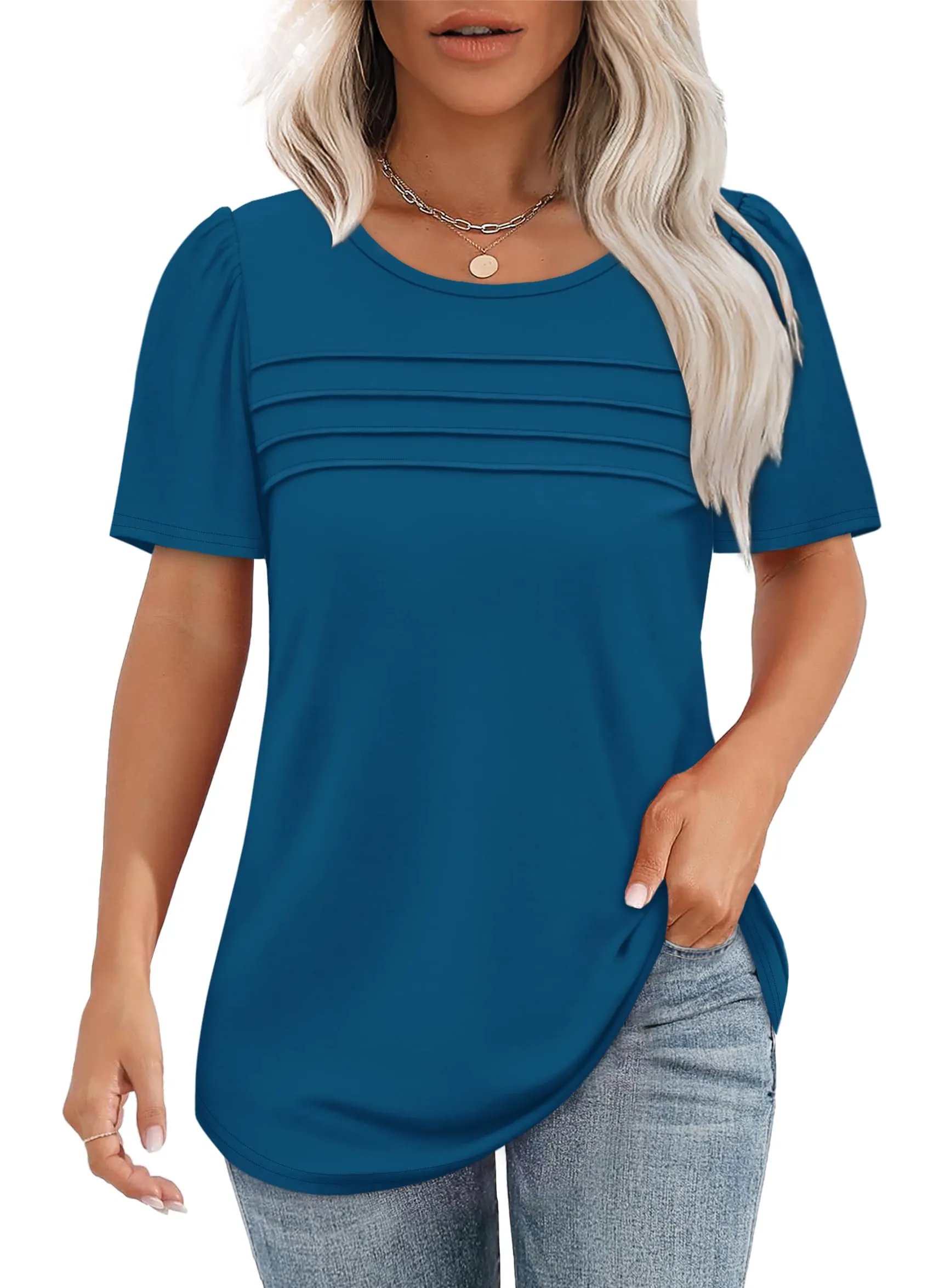 ⏰Hot Sale-Women's Short Sleeve Pleated Front Scooped Neck Tops-tidenox