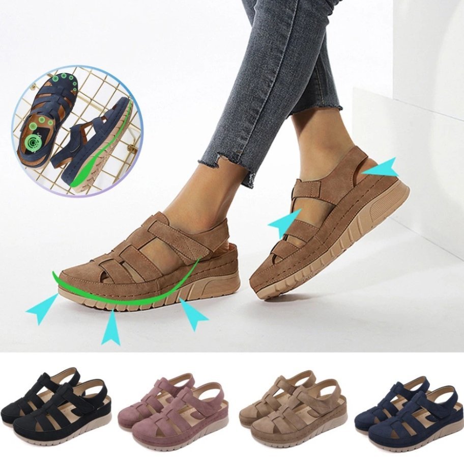 Casual Orthopedic Velcro Walking Wedge Toe Sandals-tidenox