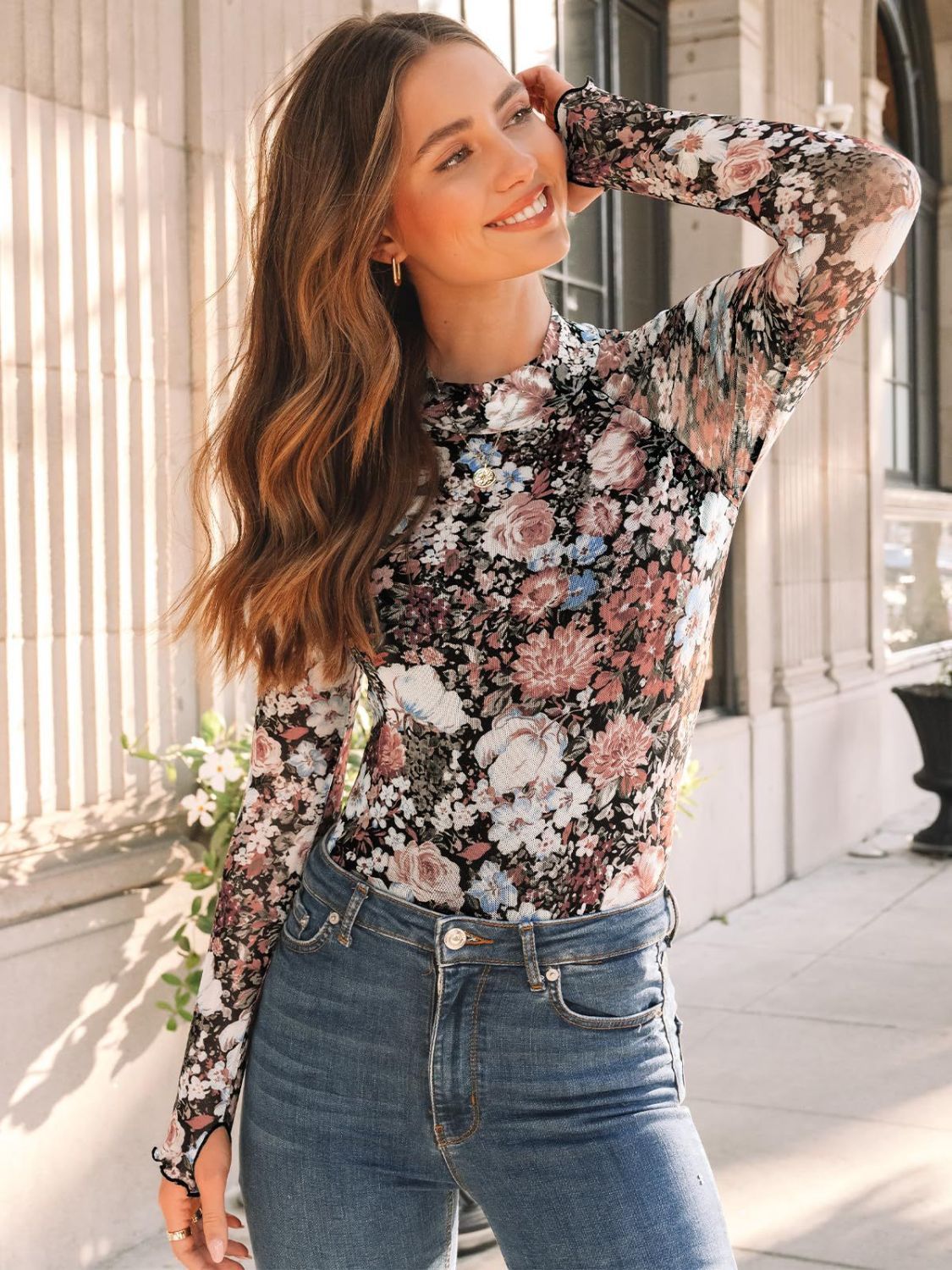 Floral Mock Neck Long Sleeve T-Shirt