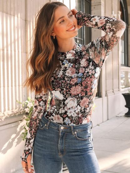 Floral Mock Neck Long Sleeve T-Shirt