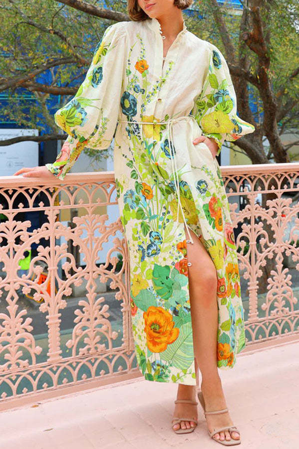 Summer Party Floral Print Balloon Sleeve Pocketed Belt Shirt Midi Dress-tidenox