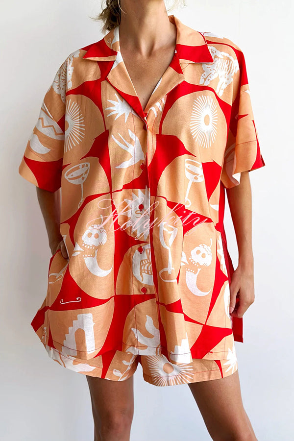 Linen Blend Unique Printed Shirt Top and Elastic Waisted Loose Pocket Shorts Set-tidenox