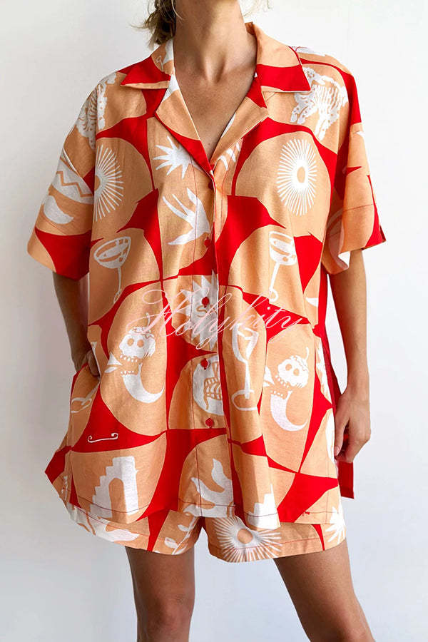 Linen Blend Unique Printed Shirt Top and Elastic Waisted Loose Pocket Shorts Set-tidenox