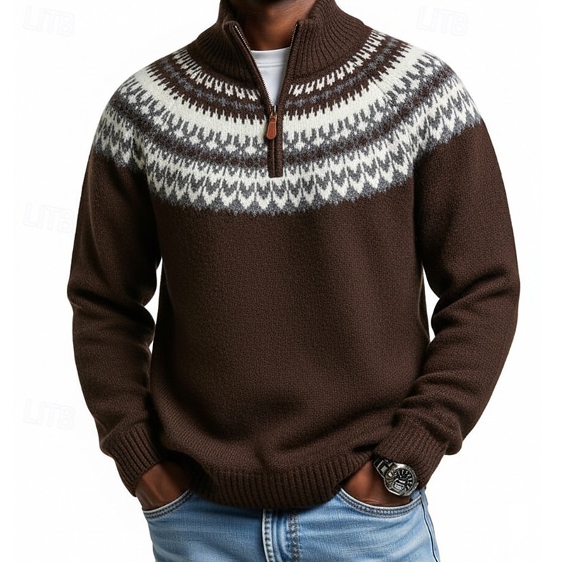 Men's Sweater Quarter Zip Sweaters Knit Sweater Knitted Pullover Ribbed Knit Regular Tops Knitted Geometric Quarter Zip Vintage Fashion Casual Daily Wear Clothing Apparel Fall Winter Black Brown M L 2025 - CAD $52.99 –P3