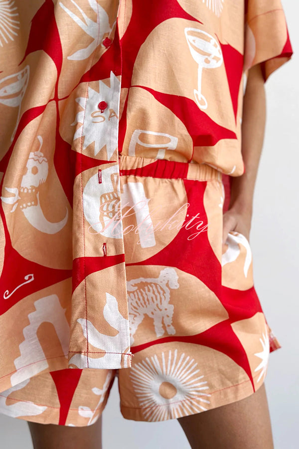 Linen Blend Unique Printed Shirt Top and Elastic Waisted Loose Pocket Shorts Set-tidenox