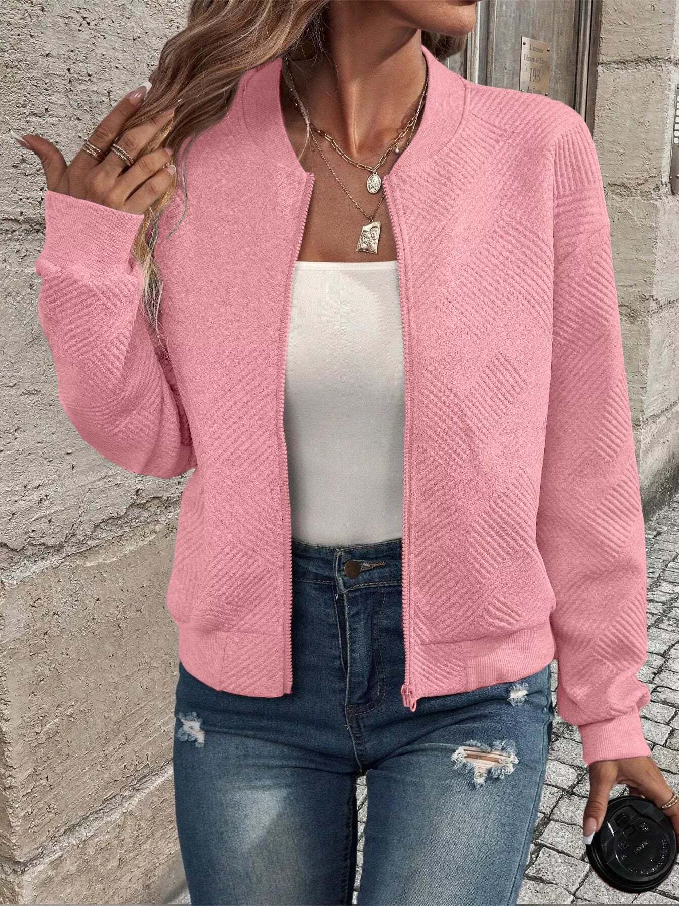 Full Size Zip Up Long Sleeve Textured Jacket Plus Size-tidenox