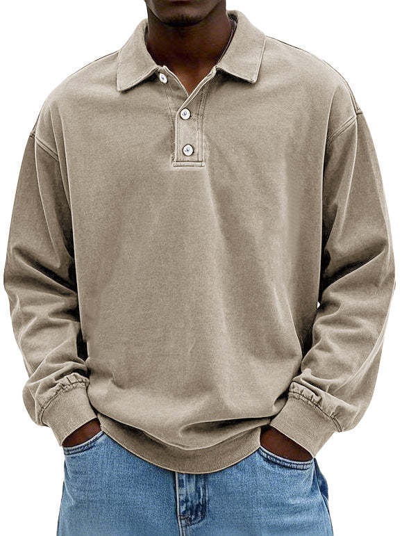 CLEARANCE SALE🔥 Men's Fashion Retro Washed Distressed Cotton Lapel Long Sleeve Polo Shirt-tidenox