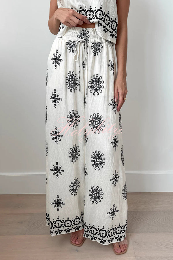 Unique Printed Round Neck Sleeveless Button Top and Elastic Waist Pocket Wide Leg Pants Set-tidenox