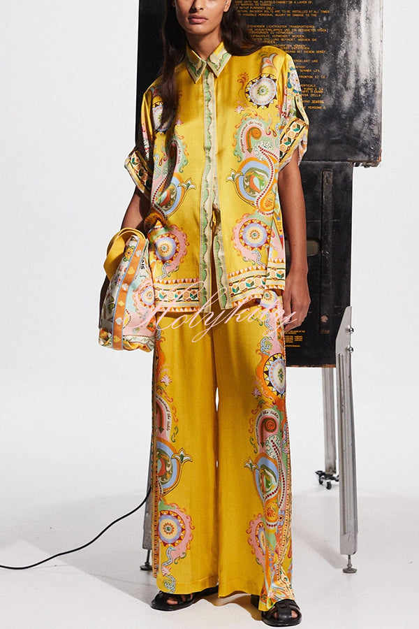 Lucia Satin Unique Print Short-sleeved Loose Shirt and Elastic Waist Pocket Pants Set-tidenox