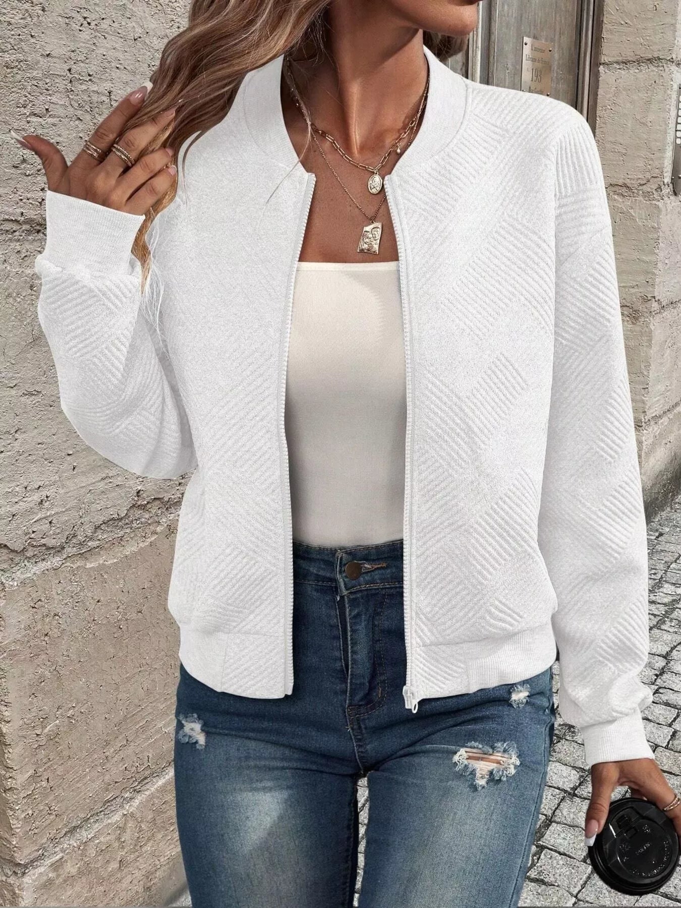 Full Size Zip Up Long Sleeve Textured Jacket Plus Size-tidenox