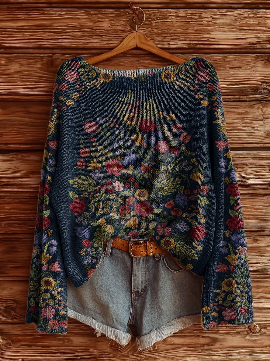 Women's Vintage Floral Tattoo Pattern Art Print Casual Pullover Sweater-tidenox