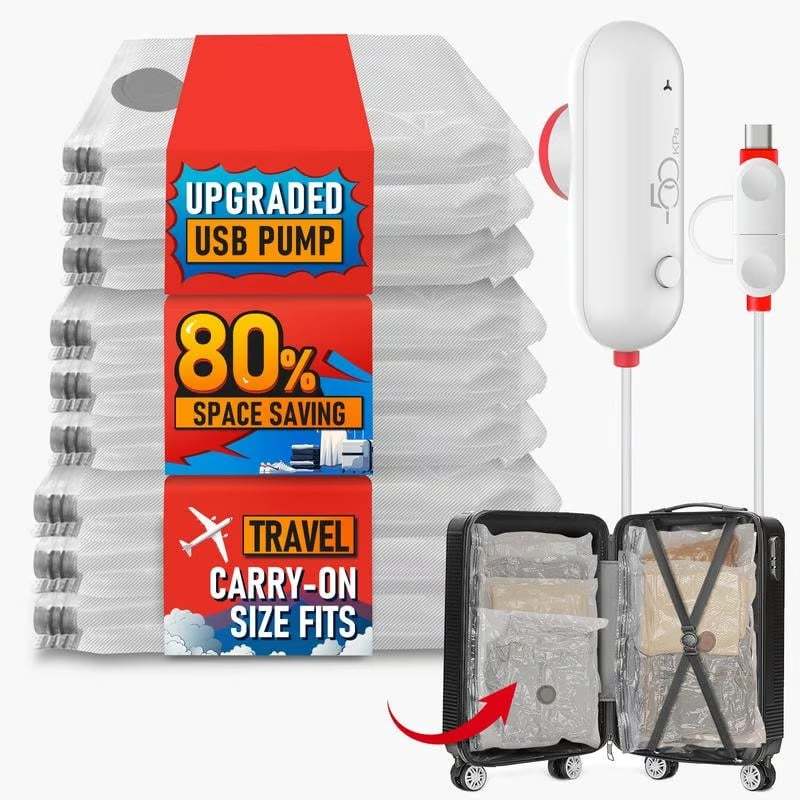 9 Pack Lightweight Travel Bags with USB Electric Pump | Compact Vacuum